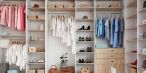 Modern wardrobe with stylish spring clothes and accessories.