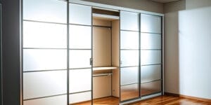 A modernised built-in wardrobe with open doors.