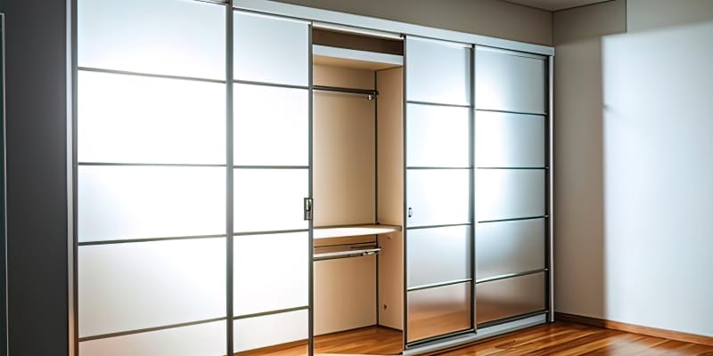 A modernised built-in wardrobe with open doors.